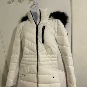 Michael Kors White Hooded Parka Puffer Jacket XL NWT Black faux fur hood